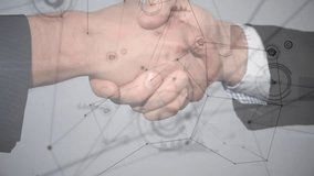 Two business colleagues entering palms open initiating handshake sealing deal with network overlay. Partnership, collaboration, professionalism, digital, innovation, corporate, connection - Powered by Shutterstock - Get 15% off with code: PIKWIZARD15