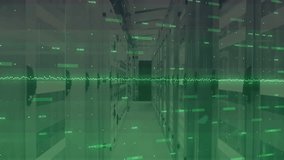 Green waveform rising across server racks feeding data forming pulsating globe monitoring network. Technology, cybersecurity, data, digital, innovation, network, modern - Powered by Shutterstock - Get 15% off with code: PIKWIZARD15