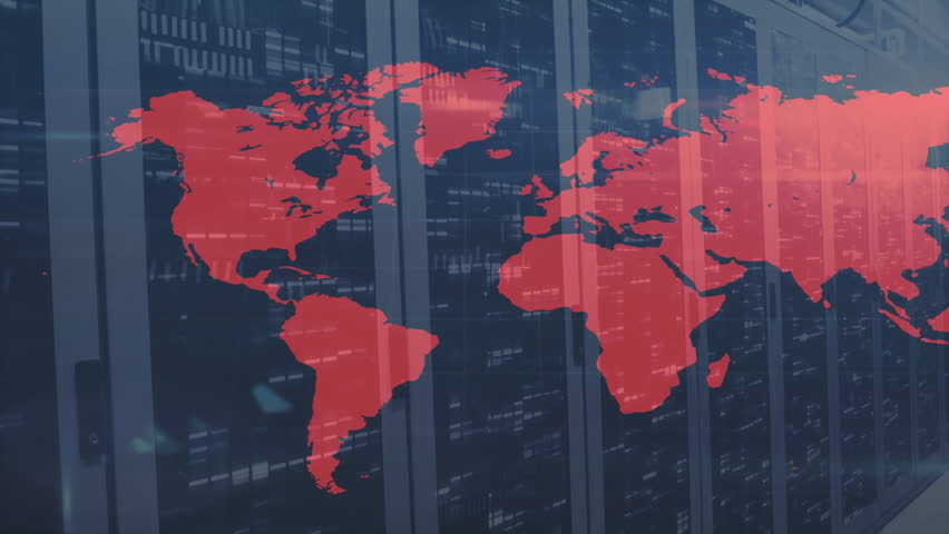 Servers unveiling red map, nodes popping and linking continents to show shifting network routes. Global network, connectivity, data infrastructure, digital map, cyber security, technology, modern