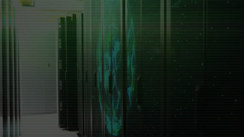 Green skull appearing starting download animation glitching text and skull over dark server racks. Cybersecurity, futuristic, digital, technology, neon, hacker, data