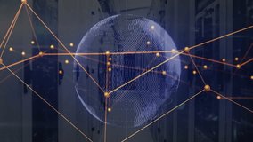 On data load, translucent globe emerging in server corridor, forming network mesh to show data flow. Technology, connectivity, innovation, cyberspace, digital, visualization, abstraction - Powered by Shutterstock - Get 15% off with code: PIKWIZARD15