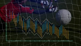 Goalkeeper diving into net after ball launch causing sports tech bars shifting, trend line updating. Sports, analytics, data visualization, goal, diving, performance, night - Powered by Shutterstock - Get 15% off with code: PIKWIZARD15