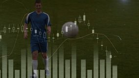 Teenage soccer player planting foot, striking ball for control as market charts oscillating in sync. Athlete, sports, training, data visualization, motion graphics, athletic performance, digital - Powered by Shutterstock - Get 15% off with code: PIKWIZARD15