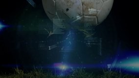 Showing grass with glowing tickers rotating ball shoe kicking ball symbolizing sports finance. Technology, innovation, sports, finance, data, digital, competition - Powered by Shutterstock - Get 15% off with code: PIKWIZARD15