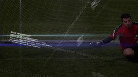 Goalkeeper diving after ball appearing on grass pitch analyzing sports analytics with data overlays. Athlete, performance, analytics, sport, agility, technology, competition - Powered by Shutterstock - Get 15% off with code: PIKWIZARD15
