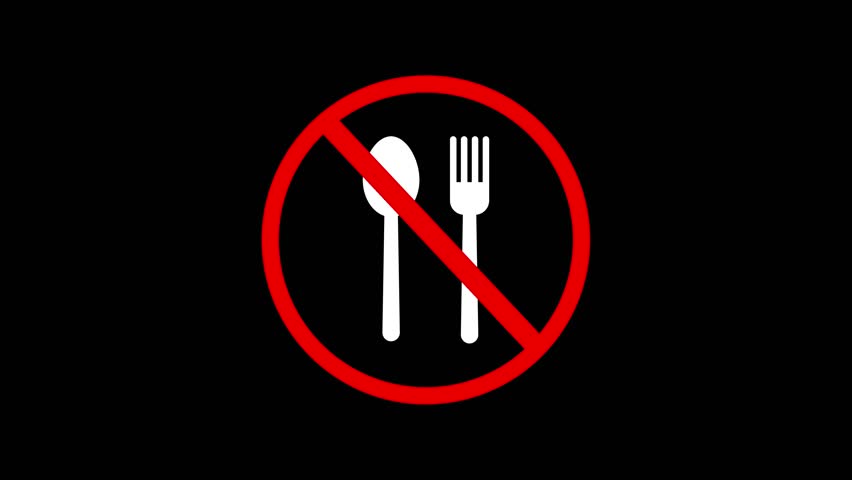 No food allowed fork spoon crossed sign of red color no eat meals restriction sign dark background animated symbol