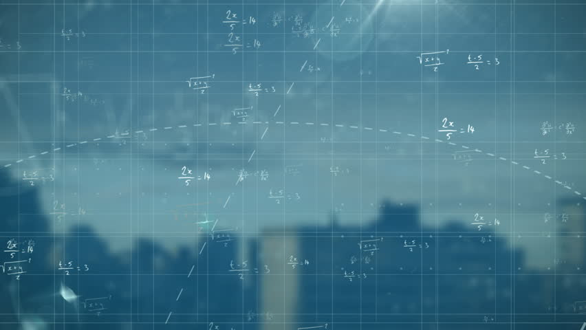 Sliding translucent grid starting rotating 3D sphere and drifting formulas showing math concepts. Abstract, futuristic, tech, innovation, data, digital, science