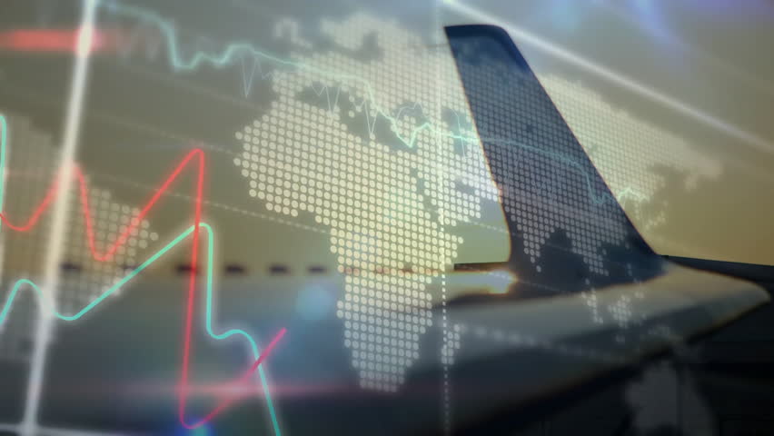 World map fading graphs waving along stabilizer as bars rising and clock rotating showing data. Aviation, analytics, technology, data visualization, aviation industry, digital interface, sunset - Powered by Shutterstock - Get 15% off with code: PIKWIZARD15