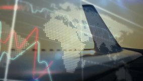 World map fading graphs waving along stabilizer as bars rising and clock rotating showing data. Aviation, analytics, technology, data visualization, aviation industry, digital interface, sunset - Powered by Shutterstock - Get 15% off with code: PIKWIZARD15