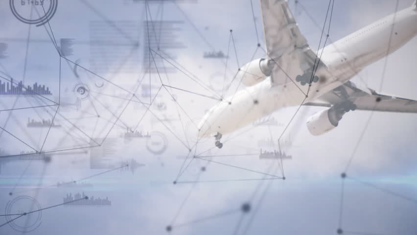 Fading in network overlay showing white jet lowering gear during descent visualizing flight data. Aviation, technology, data visualization, digital interface, aerospace, engineering, transportation - Powered by Shutterstock - Get 15% off with code: PIKWIZARD15
