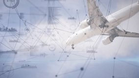 Fading in network overlay showing white jet lowering gear during descent visualizing flight data. Aviation, technology, data visualization, digital interface, aerospace, engineering, transportation - Powered by Shutterstock - Get 15% off with code: PIKWIZARD15