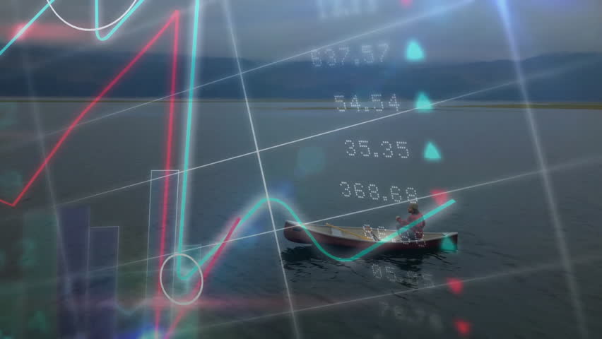 World map fading behind canoe man initiating line graphs and bar charts visualizing finance metrics. Adventure, exploration, serenity, data visualization, financial analysis, outdoor activity, - Powered by Shutterstock - Get 15% off with code: PIKWIZARD15