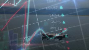 World map fading behind canoe man initiating line graphs and bar charts visualizing finance metrics. Adventure, exploration, serenity, data visualization, financial analysis, outdoor activity, - Powered by Shutterstock - Get 15% off with code: PIKWIZARD15