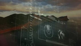 Digital HUD fading in over coastal ridge, rotating chart and map, illuminating storm data. Futuristic, technology, data visualization, weather, natural landscape, storm, information - Powered by Shutterstock - Get 15% off with code: PIKWIZARD15