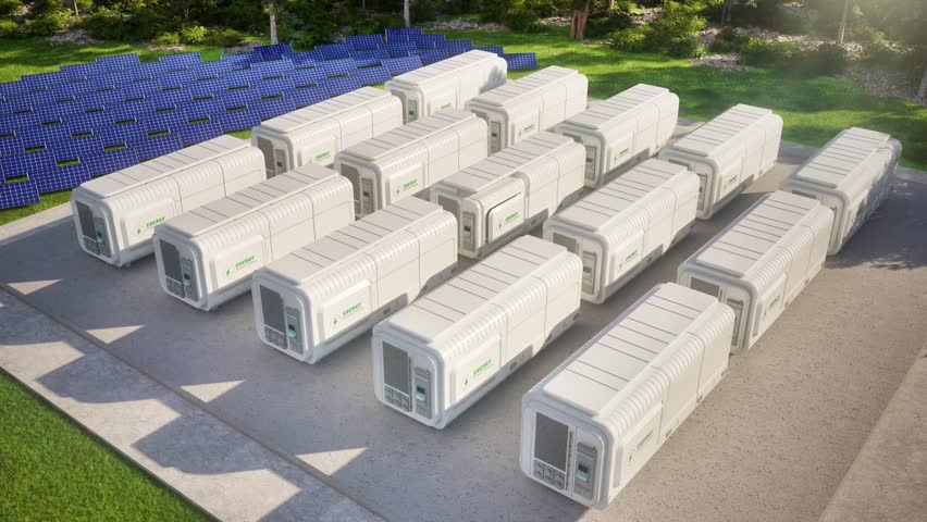 Group of energy storage systems or battery container units with solar panels 4k footage