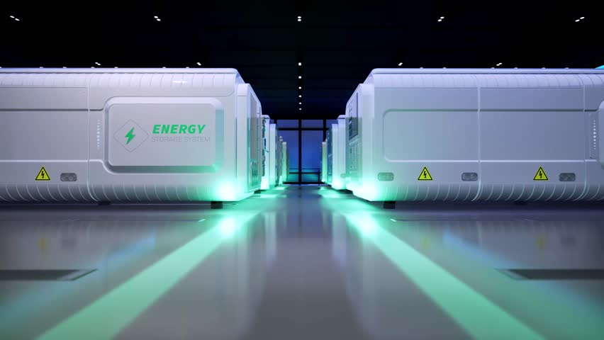 Group of energy storage systems or battery container units in dark factory 4k footage