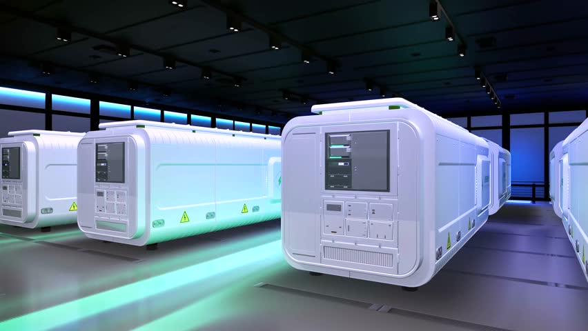 Group of energy storage systems or battery container units in dark factory 4k footage