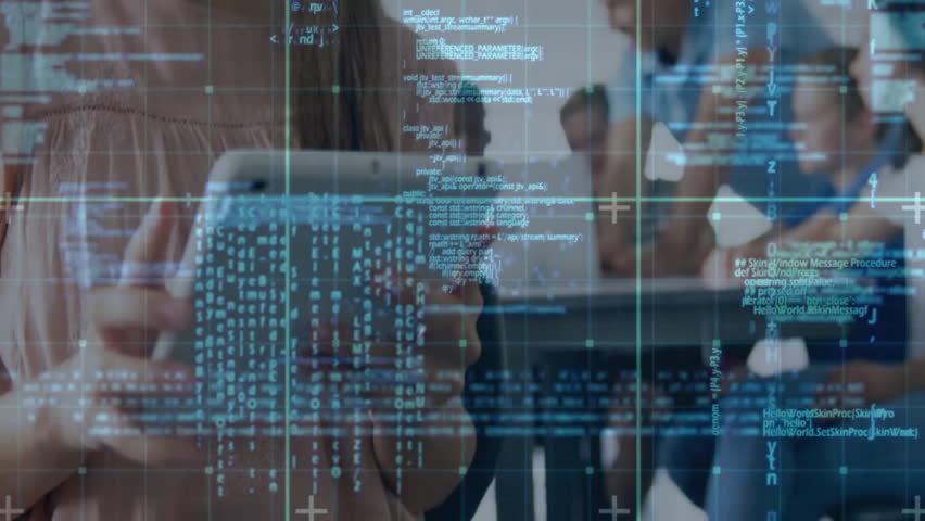 Teacher pointing tablet causing code overlays while teen girl tapping tablet enhancing learning. Education, technology, e-learning, digital, classroom, innovation, collaboration - Powered by Shutterstock - Get 15% off with code: PIKWIZARD15