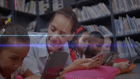 Teacher handing tablet to child in library, guiding tapping for coding education with code overlays. Education, digital learning, e-learning, children, classroom, technology, academic - Powered by Shutterstock - Get 15% off with code: PIKWIZARD15