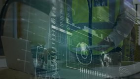 logistics worker typing on keyboard activating hologram raising scanner updating shipping map. Technology, data analytics, industrial, futuristic, digital interface, supply chain, operational - Powered by Shutterstock - Get 15% off with code: PIKWIZARD15