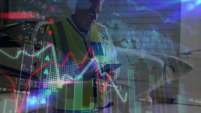 Ground worker tapping smartphone in hangar animating global data overlays monitoring jet status. Analytics, technology, industrial, aviation, business, professional, digital - Powered by Shutterstock - Get 15% off with code: PIKWIZARD15