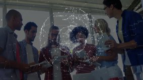 Team gathering around table consulting tablets causing network globe forming for business insights. Collaboration, technology, innovation, data, future, teamwork, digital - Powered by Shutterstock - Get 15% off with code: PIKWIZARD15