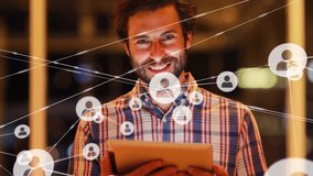 Plaid-shirted man using tablet, shifting device causing tech network nodes expanding around torso. Technology, connectivity, digital, innovation, modern, communication, data - Powered by Shutterstock - Get 15% off with code: PIKWIZARD15