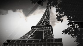 Opening low-angle grayscale view, Eiffel Tower gaining grid code map UI overlays visualizing data. Architectural, technology, futurism, urban, innovation, digital, data visualization - Powered by Shutterstock - Get 15% off with code: PIKWIZARD15