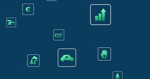 Blue bar entering left and sweeping screen, framing data icons and code matrix updating dashboard. Technology, analytics, sustainability, digital, innovation, data visualization, futuristic - Powered by Shutterstock - Get 15% off with code: PIKWIZARD15