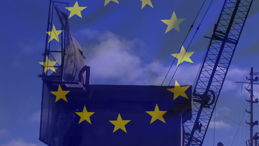 EU star overlay appearing while clamshell bucket lowering, gripping, lifting cylinder for transfer. Industrial, logistics, transportation, construction, machinery, engineering, cargo