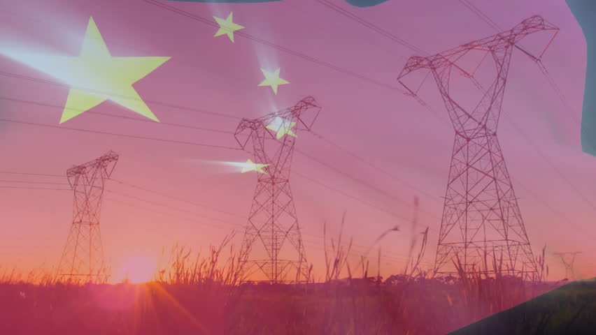 Sun rays causing Chinese flag fading in over transmission towers symbolizing national power sunset. Industrial, infrastructure, patriotism, energy, landscape, silhouette, grandeur