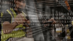 Operator manipulating forklift controls as binary code overlay integrating warehouse monitoring. Industrial, automation, safety, logistics, technology, infrastructure, digital - Powered by Shutterstock - Get 15% off with code: PIKWIZARD15