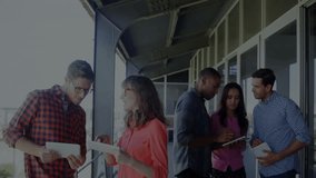 Colleagues activating digital overlay on balcony and analyzing tablet data for tech project. Collaboration, teamwork, innovation, technology, data analysis, professional, modern - Powered by Shutterstock - Get 15% off with code: PIKWIZARD15