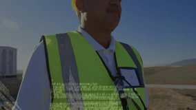 Construction professional shifting gaze as digital code streaming around him driving site insight. Industrial, technology, futurism, safety, innovation, engineering, infrastructure - Powered by Shutterstock - Get 15% off with code: PIKWIZARD15