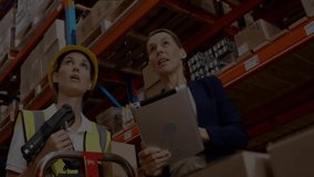 Workers scanning racks, initiating network icons animating warehouse alerts for monitoring. Industrial, logistics, digital, connectivity, communication, collaboration, innovation - Powered by Shutterstock - Get 15% off with code: PIKWIZARD15
