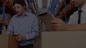 Warehouse coworker tapping digital tablet and initiating network overlay showing supply chain. Technology, logistics, collaboration, inventory, connectivity, industrial, digital - Powered by Shutterstock - Get 15% off with code: PIKWIZARD15