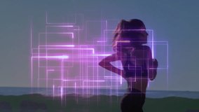 Glowing neon-purple grid fading in showing fitness metrics as female runner jogging along beach. Technology, fitness, outdoor, neon, motion, vitality, landscape - Powered by Shutterstock - Get 15% off with code: PIKWIZARD15