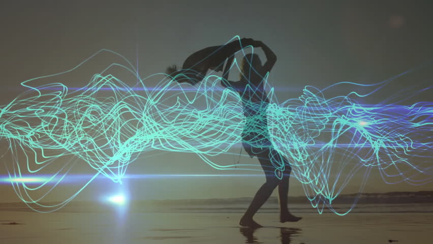 Teal tech waveform emerging sunset beach inspiring dancer waving fabric leaping above waveform. Artistic, dynamic, fluid, vibrant, empowerment, movement, serenity