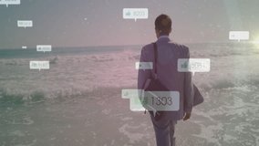Business-casual man stepping into surf causing social media notification bubbles rising then fading. Beach, lifestyle, minimalist, digital, leisure, tranquility, landscape - Powered by Shutterstock - Get 15% off with code: PIKWIZARD15