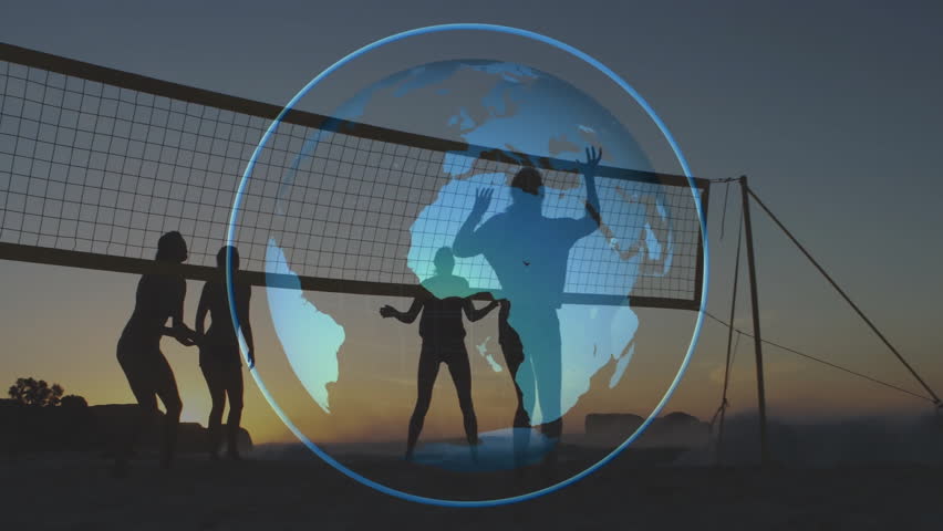 Women playing beach volleyball at dusk initiating rally by tossing ball with rotating globe overlay. Athletic, teamwork, leisure, digital, outdoor, fitness, competition