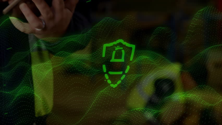 Warehouse worker tapping tablet initiating green waves swirling around shield then closing padlock. Technology, cybersecurity, digital, innovation, industrial, protection, data - Powered by Shutterstock - Get 15% off with code: PIKWIZARD15