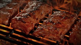 Super Slow Motion Shot of Pork Ribs on Fired Up Grill with Camera Motion at 1000fps. - Powered by Shutterstock - Get 15% off with code: PIKWIZARD15