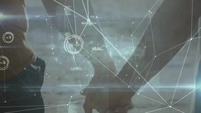 Camera framing couple holding hands on shoreline initiating tech network overlay showing data flow. Connection, companionship, digital, innovation, harmony, relationship, technology - Powered by Shutterstock - Get 15% off with code: PIKWIZARD15