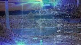 Excavator bucket lowering into sand, scraping soil and scooping with code overlay monitoring trench. Construction equipment, digital technology, industrial machinery, engineering, heavy industry, data - Powered by Shutterstock - Get 15% off with code: PIKWIZARD15