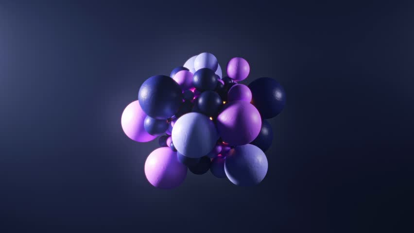 Exploding cluster of glossy spheres with glowing core and cosmic light animation. 3D Illustration