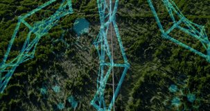 Drone camera flying above meadow following track, mapping lattice tower with cyan wireframe code. Technology, connectivity, infrastructure, data visualization, digital, futuristic, industrial - Powered by Shutterstock - Get 15% off with code: PIKWIZARD15