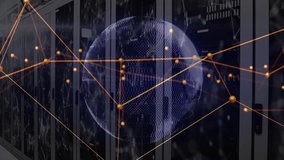 Fading-in globe mesh rotating as nodes join and code overlay showing network growth in server racks. Technology, data, cybersecurity, digital, innovation, connectivity, futuristic - Powered by Shutterstock - Get 15% off with code: PIKWIZARD15