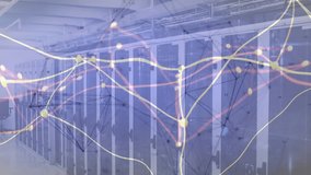 Upon clip opening server racks overlaying animated lines and nodes pulsing to visualize data surge. Technology, data, connectivity, digital, infrastructure, cyber, network - Powered by Shutterstock - Get 15% off with code: PIKWIZARD15