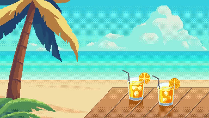 Looping pixel art animation of tropical beach with palm tree and ocean view. Two orange cocktails on wooden table. Bright sunny seaside vacation mood.