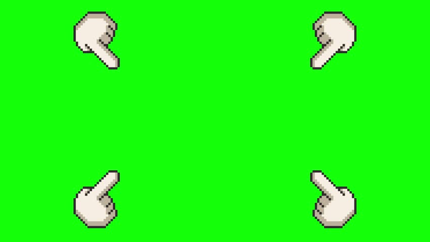 Four pixel art hand cursors point toward the center from each corner on a green background. Animated motion creates a visual emphasis in retro 8-bit style.